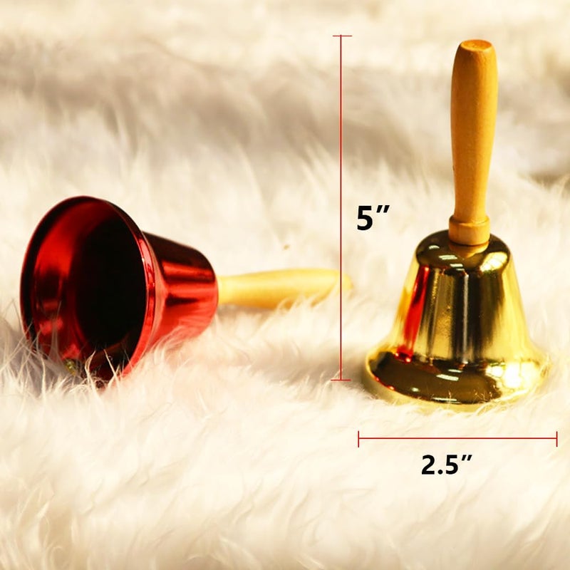 MACLARONX 2 Pcs Hand Call Bells Loud Hand Bells Metal Signal Ringing Bell Christmas Santa Bells with Handle for Service Dinner School Classroom Game Pets Wedding Party Animals, Brass Gold & Red - Image 4